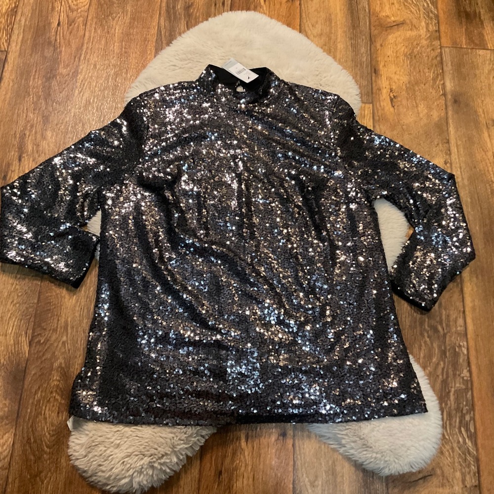 Lane Bryant Sequin Blouse Size 16 Lined Mock‎ Neck Long Sleeve Holiday NWT